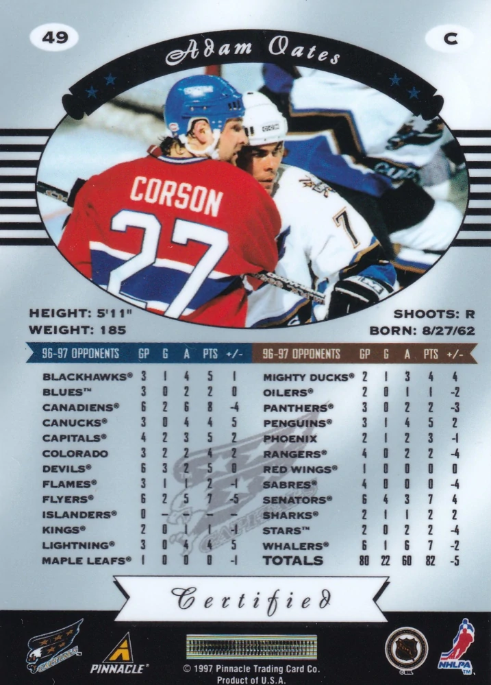 1997-98 Pinnacle Certified - Adam Oates - Certified Red #49