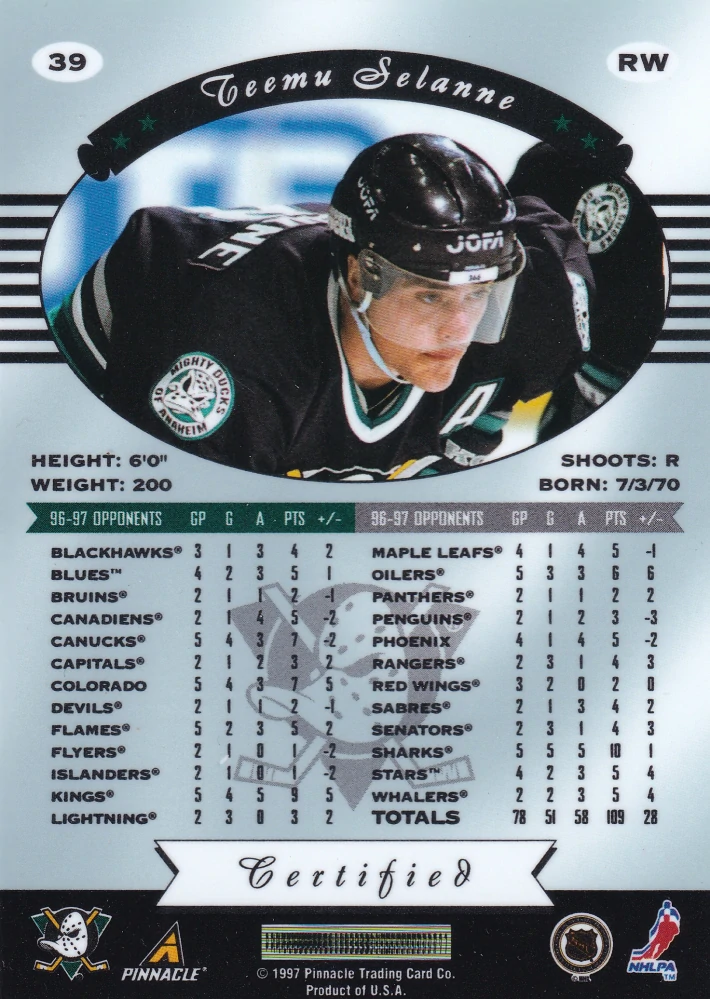 1997-98 Pinnacle Certified - Teemu Selanne - Certified Red #39