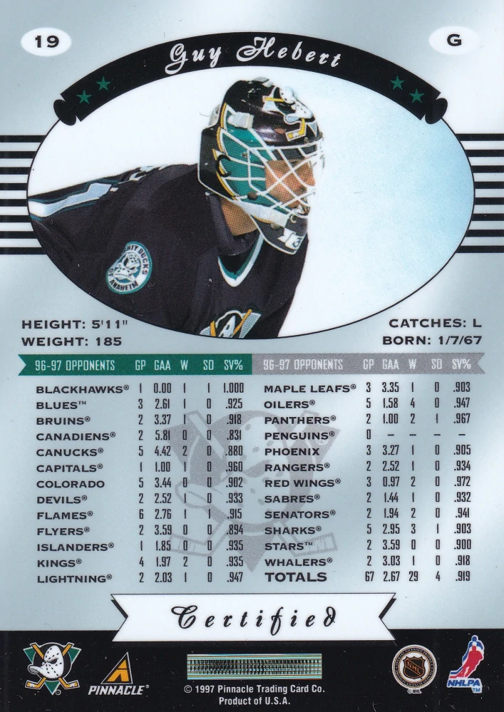 1997-98 Pinnacle Certified - Guy Hebert - Certified Red #19