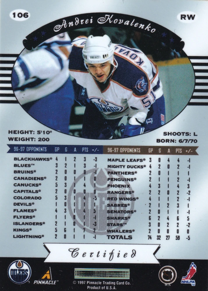 1997-98 Pinnacle Certified - Andrei Kovalenko - Certified Red #106