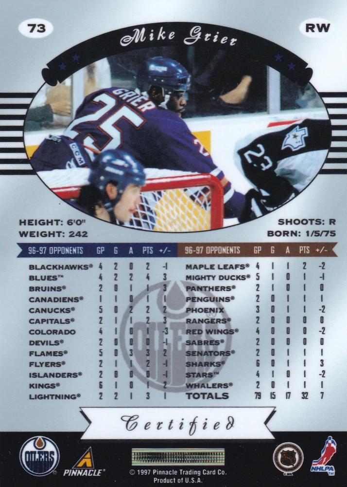 1997-98 Pinnacle Certified - Mike Grier - Certified Red #73