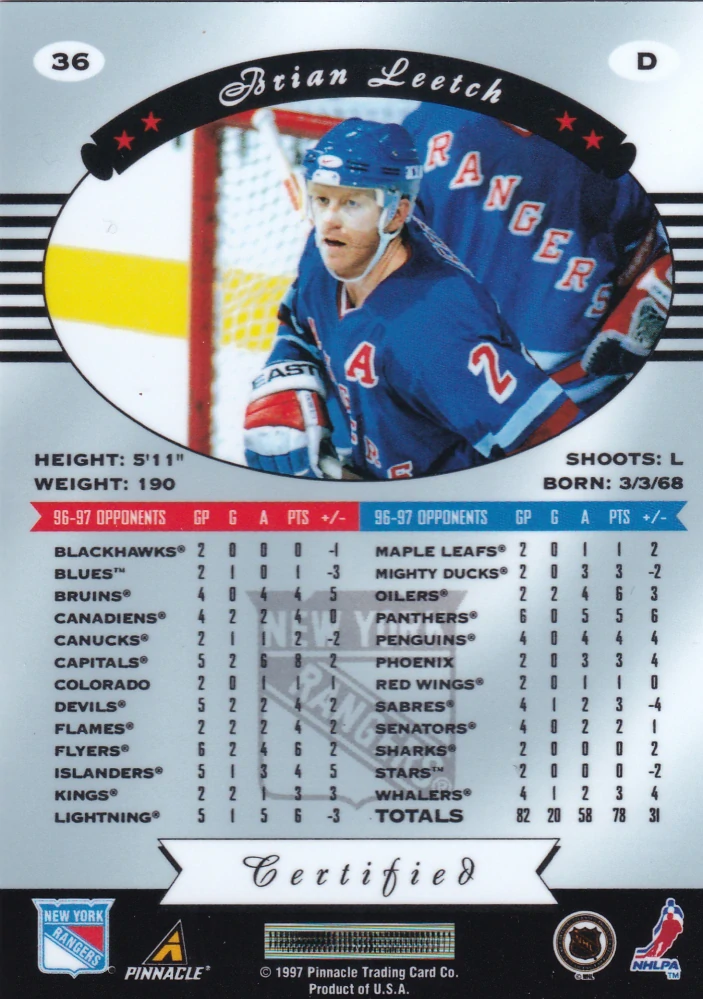 1997-98 Pinnacle Certified - Brian Leetch - Certified Red #36