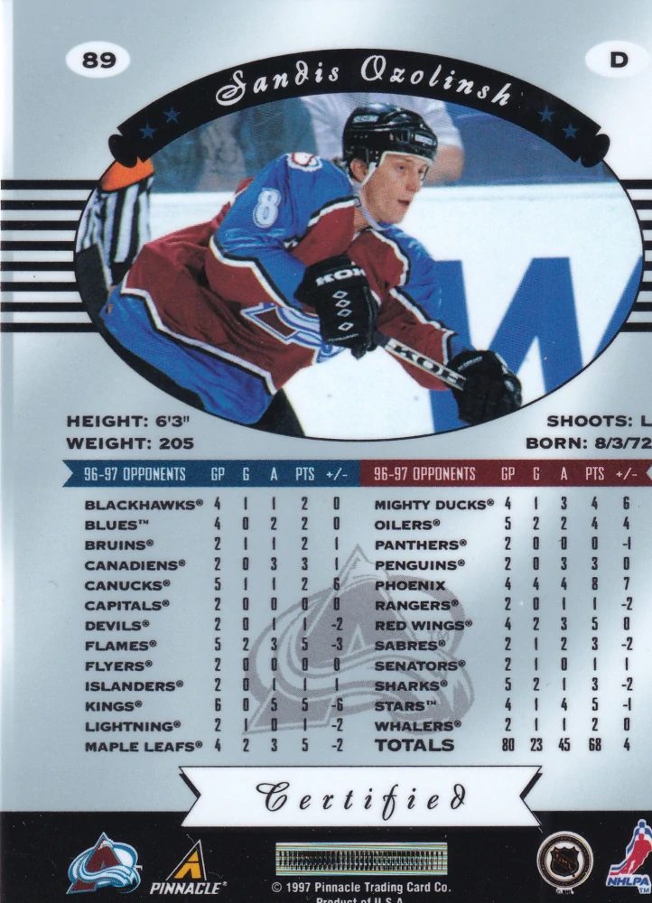 1997-98 Pinnacle Certified - Sandis Ozolinsh - Certified Red #89