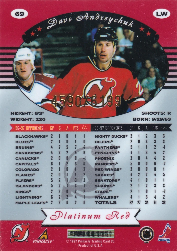 1997-98 Pinnacle Totally Certified - Dave Andreychuk - Platinum Red /6199 #69