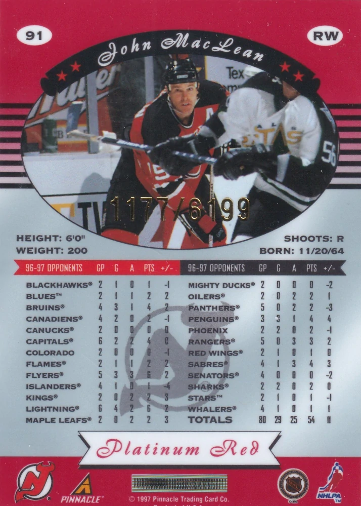 1997-98 Pinnacle Totally Certified - John MacLean - Platinum Red /6199 #91