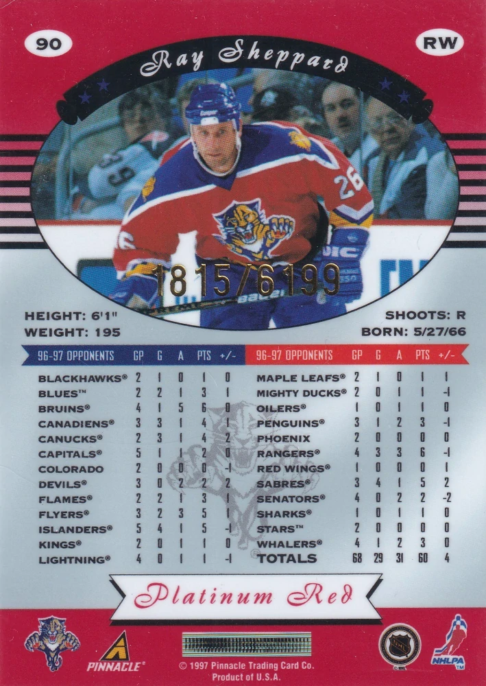 1997-98 Pinnacle Totally Certified - Ray Sheppard - Platinum Red /6199 #90