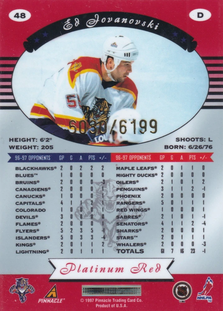 1997-98 Pinnacle Totally Certified - Ed Jovanovski - Platinum Red /6199 #48