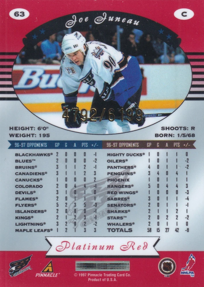 1997-98 Pinnacle Totally Certified - Joe Juneau - Platinum Red /6199 #63