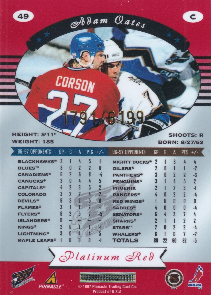 1997-98 Pinnacle Totally Certified - Adam Oates - Platinum Red /6199 #49