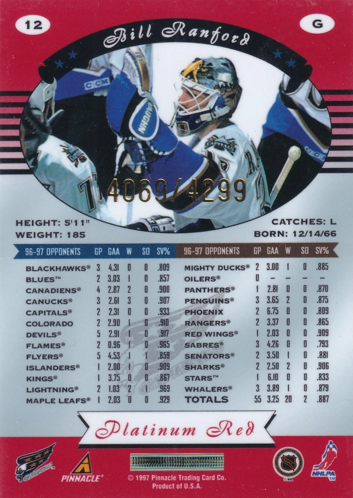 1997-98 Pinnacle Totally Certified - Bill Ranford - Platinum Red /4299 #12