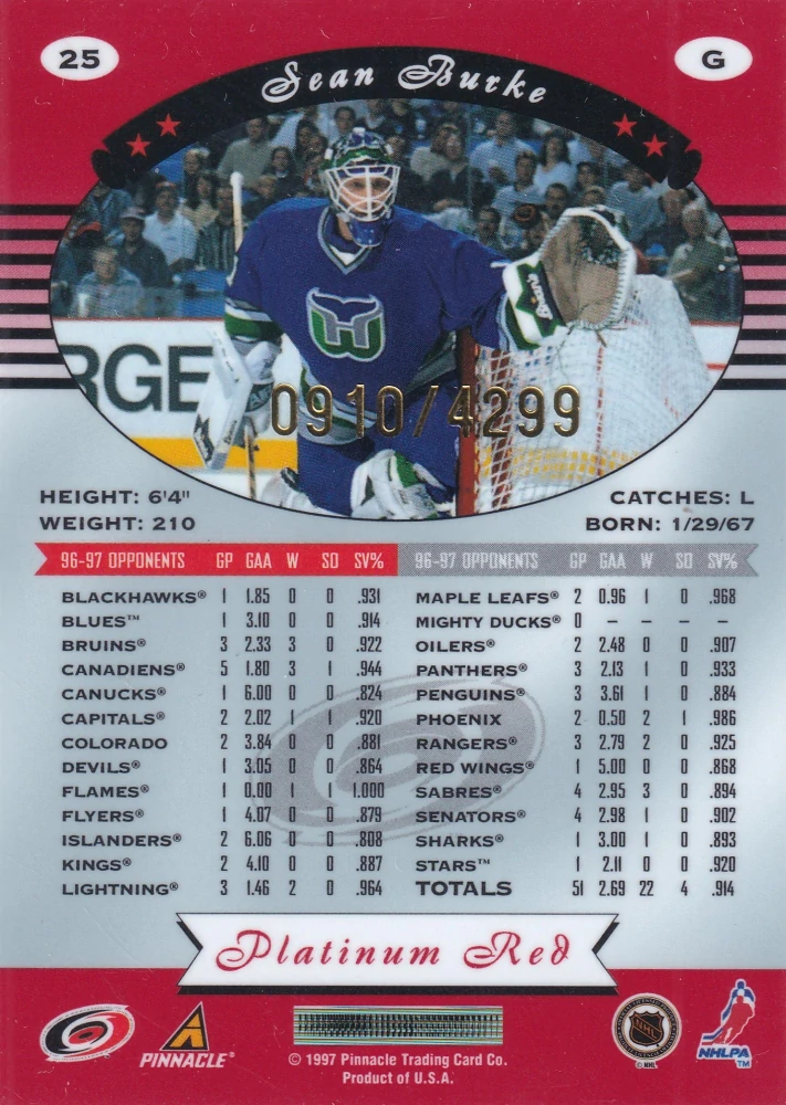 1997-98 Pinnacle Totally Certified - Sean Burke - Platinum Red /4299 #25