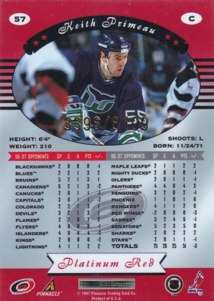 1997-98 Pinnacle Totally Certified - Keith Primeau - Platinum Red /6199 #57