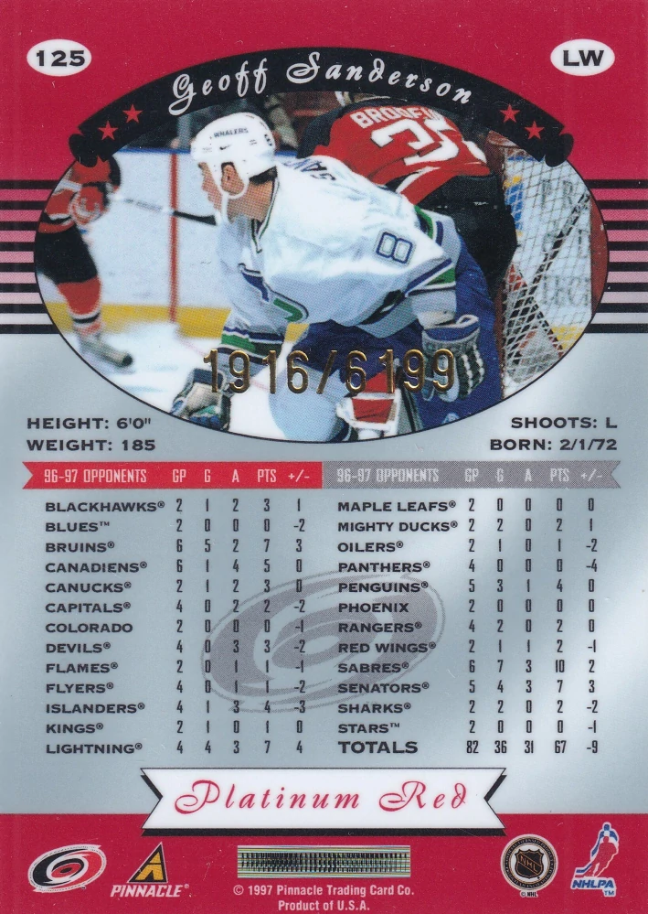 1997-98 Pinnacle Totally Certified - Geoff Sanderson - Platinum Red /6199 #125
