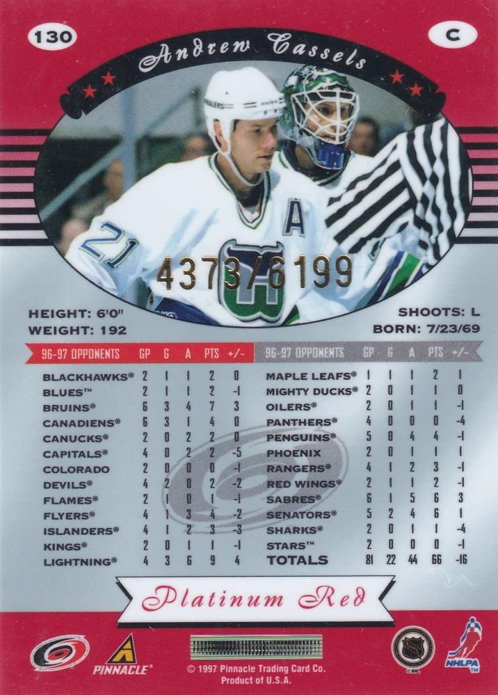 1997-98 Pinnacle Totally Certified - Andrew Cassels - Platinum Red /6199 #130