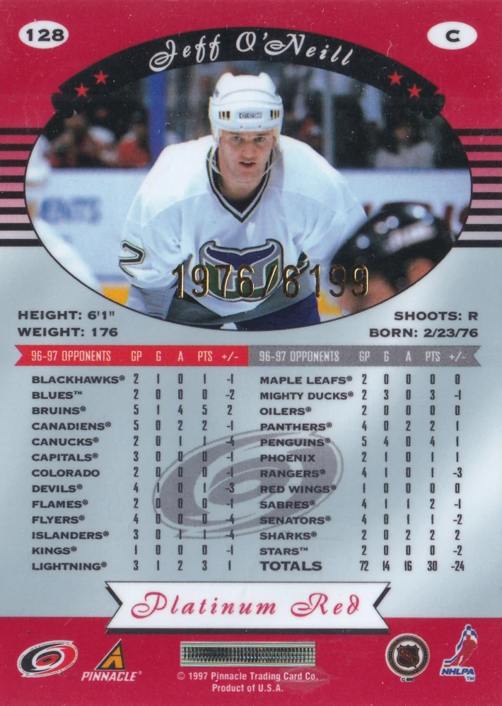 1997-98 Pinnacle Totally Certified - Jeff O'Neill - Platinum Red /6199 #128