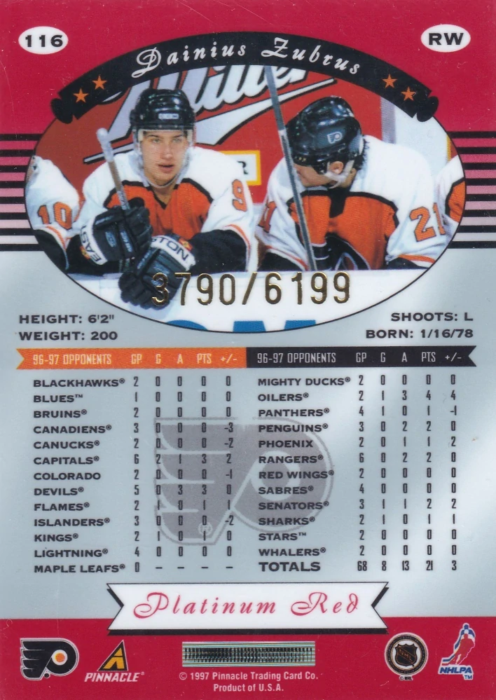 1997-98 Pinnacle Totally Certified - Dainius Zubrus - Platinum Red /6199 #116