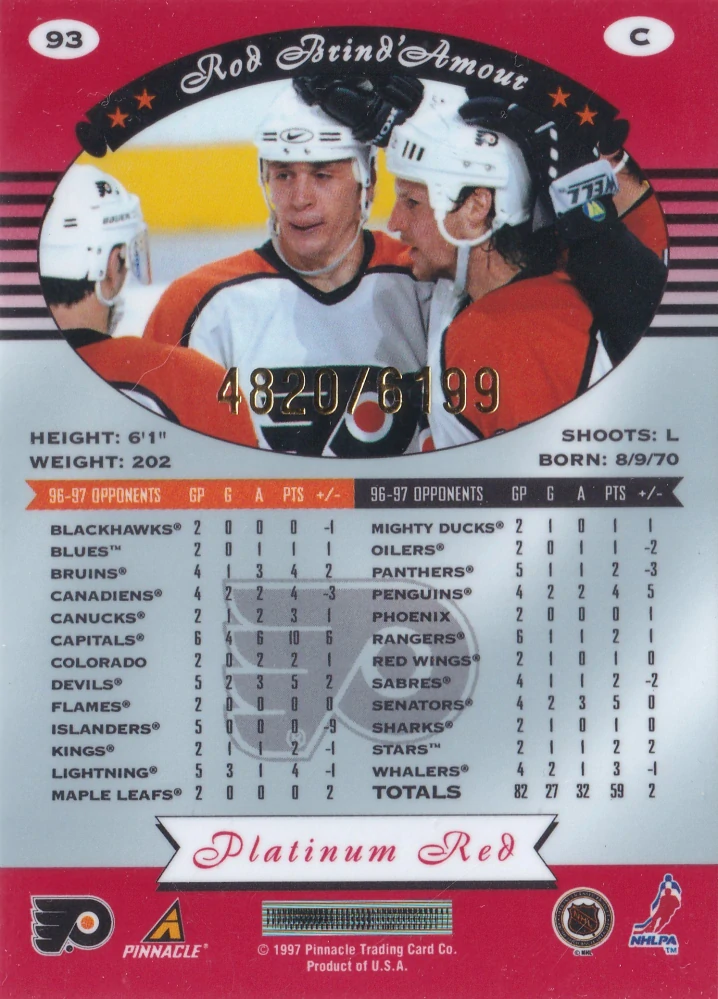 1997-98 Pinnacle Totally Certified - Rod Brind'Amour - Platinum Red /6199 #93