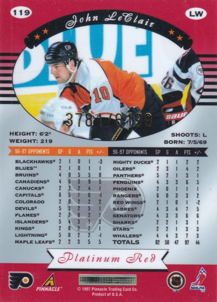 1997-98 Pinnacle Totally Certified - John LeClair - Platinum Red /6199 #119