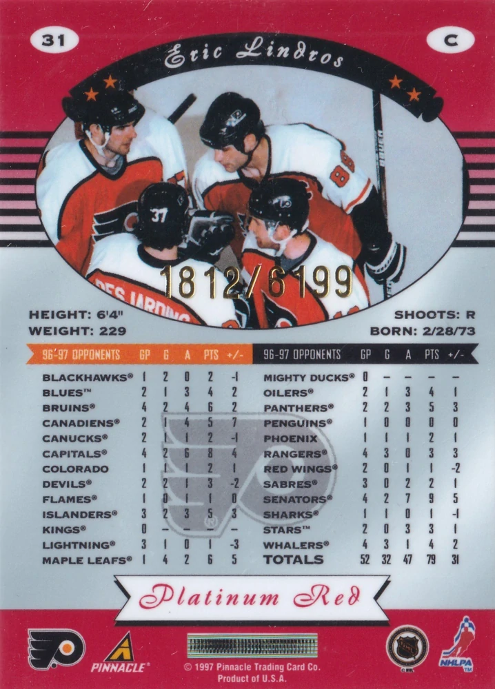 1997-98 Pinnacle Totally Certified - Eric Lindros - Platinum Red /6199 #31