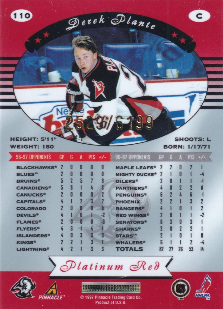 1997-98 Pinnacle Totally Certified - Derek Plante - Platinum Red /6199 #110