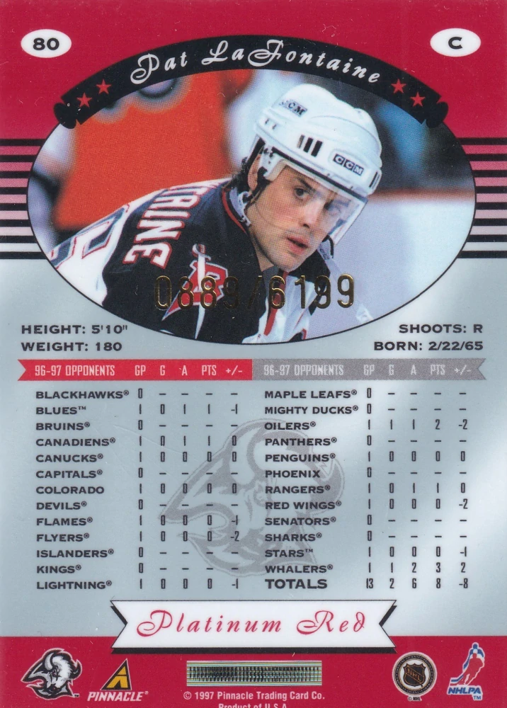1997-98 Pinnacle Totally Certified - Pat LaFontaine - Platinum Red /6199 #80