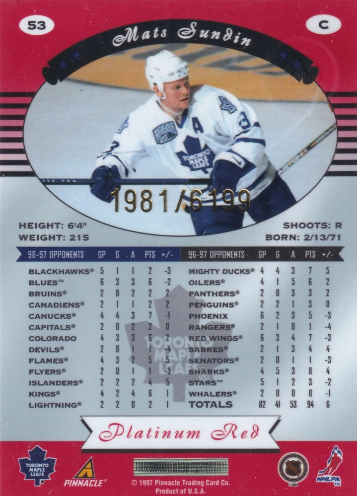 1997-98 Pinnacle Totally Certified - Mats Sundin - Platinum Red /6199 #53