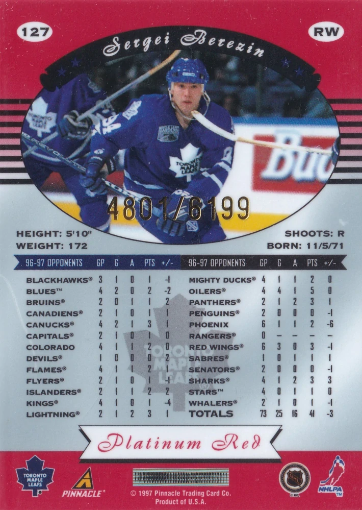 1997-98 Pinnacle Totally Certified - Sergei Berezin - Platinum Red /6199 #127