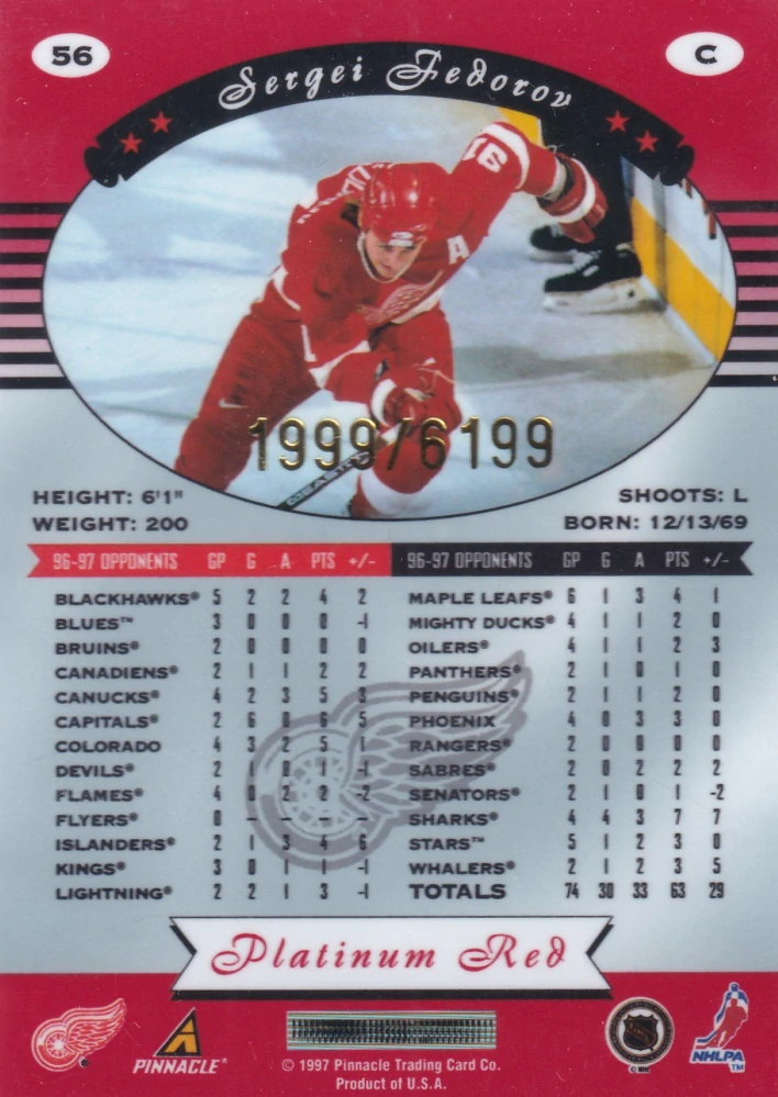 1997-98 Pinnacle Totally Certified - Sergei Fedorov - Platinum Red /6199 #56