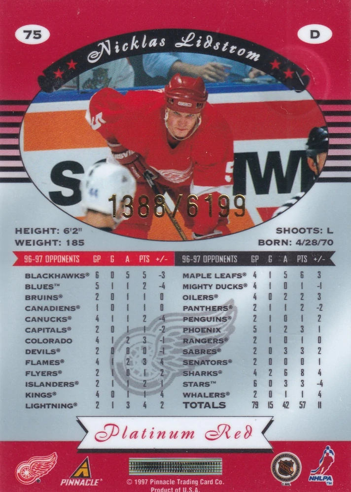 1997-98 Pinnacle Totally Certified - Nicklas Lidstrom - Platinum Red /6199 #75