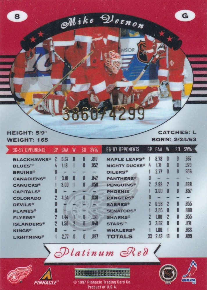 1997-98 Pinnacle Totally Certified - Mike Vernon - Platinum Red /4299 #8