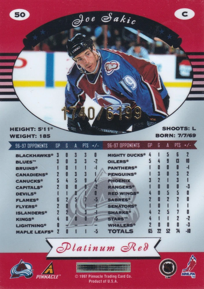 1997-98 Pinnacle Totally Certified - Joe Sakic - Platinum Red /6199 #50