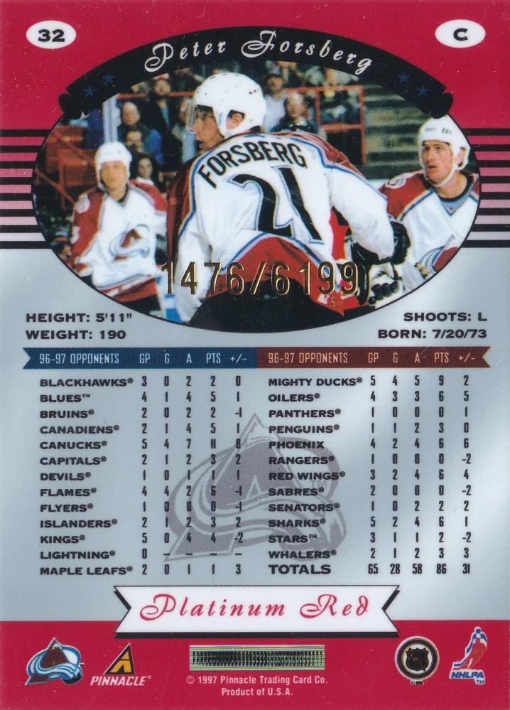 1997-98 Pinnacle Totally Certified - Peter Forsberg - Platinum Red /6199 #32