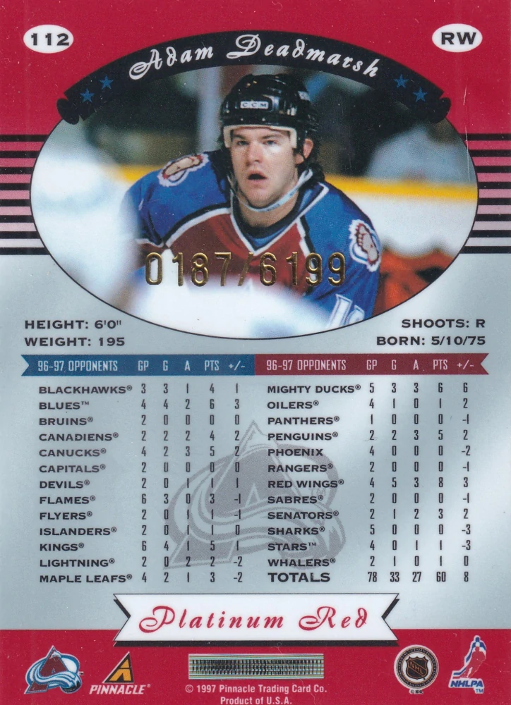 1997-98 Pinnacle Totally Certified - Adam Deadmarsh - Platinum Red /6199 #112