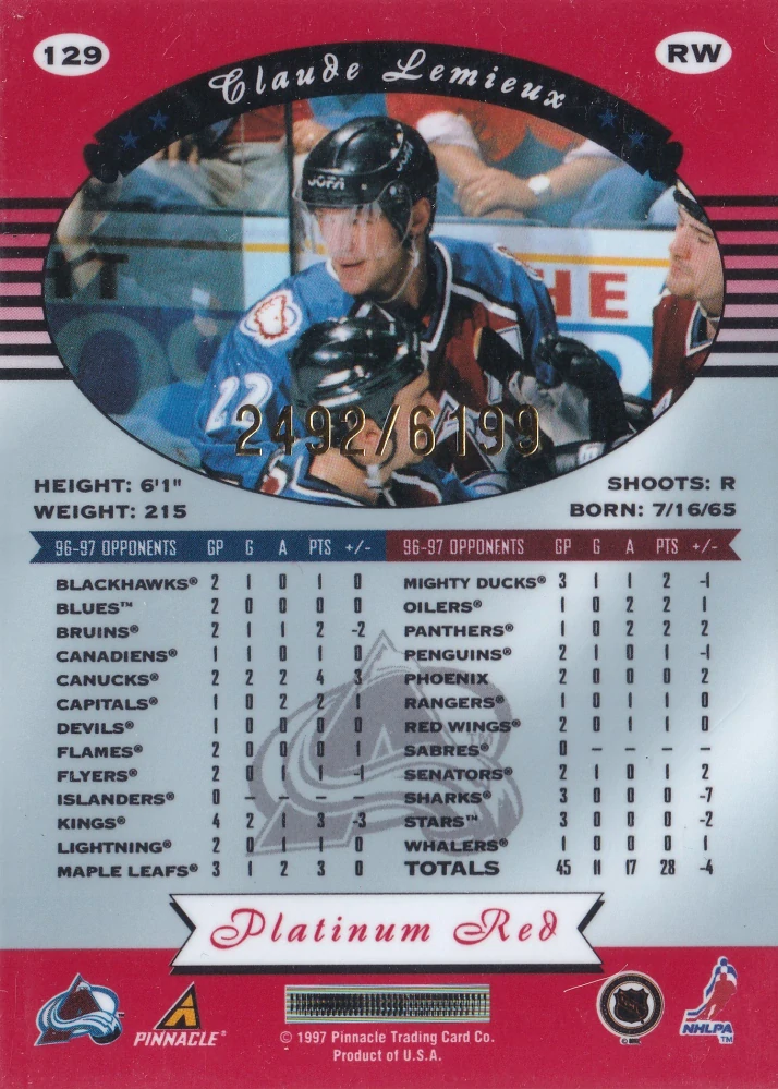 1997-98 Pinnacle Totally Certified - Claude Lemieux - Platinum Red /6199 #129