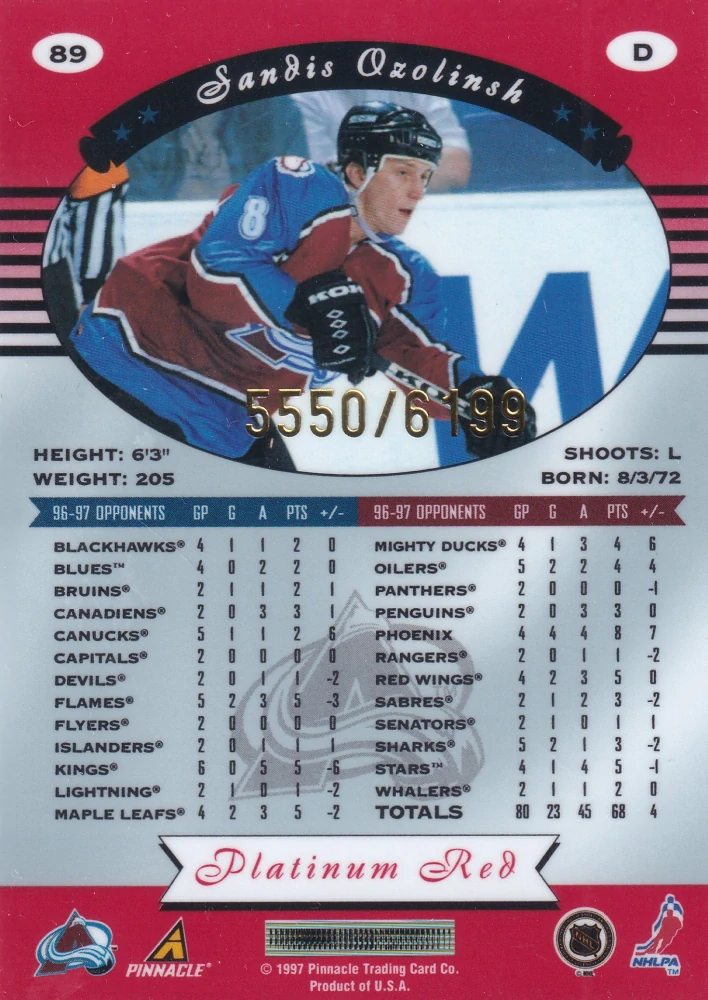 1997-98 Pinnacle Totally Certified - Sandis Ozolinsh - Platinum Red /6199 #89