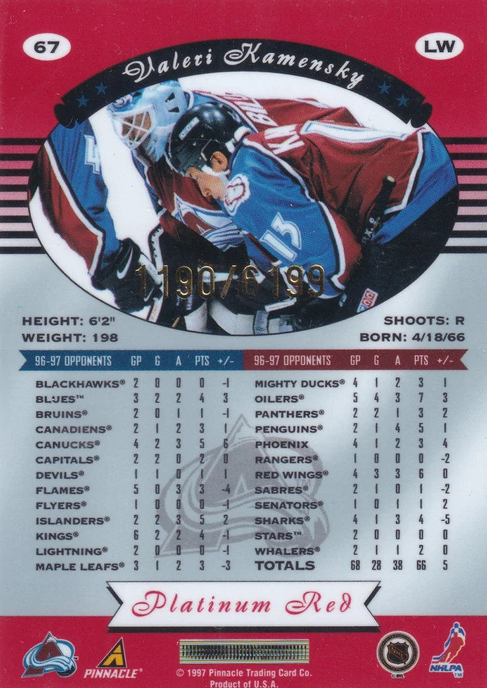 1997-98 Pinnacle Totally Certified - Valeri Kamensky - Platinum Red /6199 #67