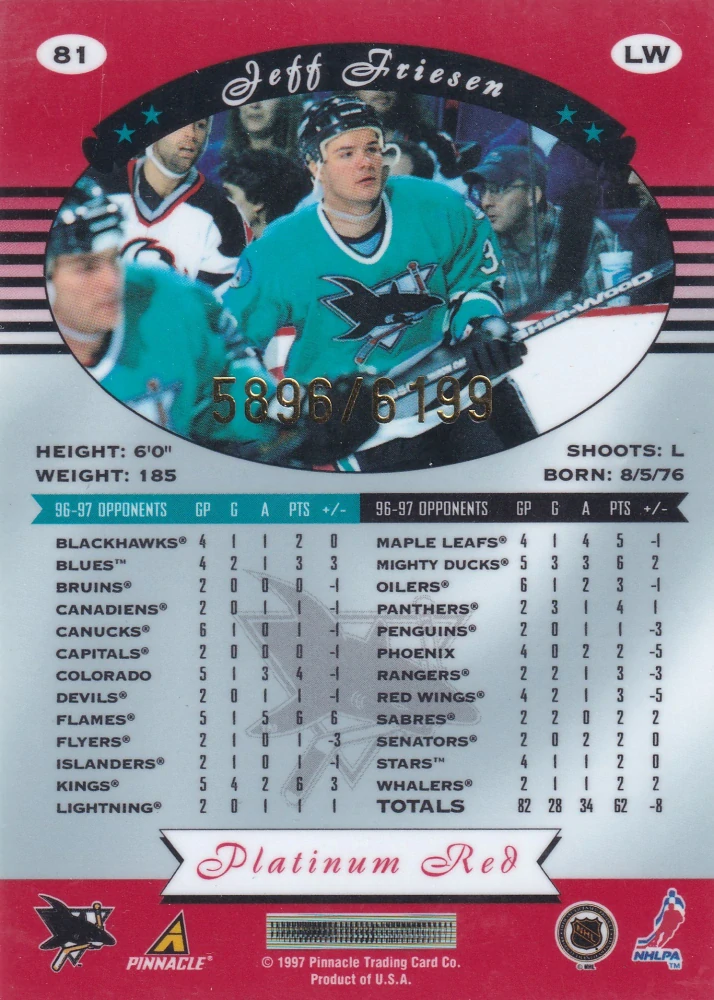 1997-98 Pinnacle Totally Certified - Jeff Friesen - Platinum Red /6199 #81