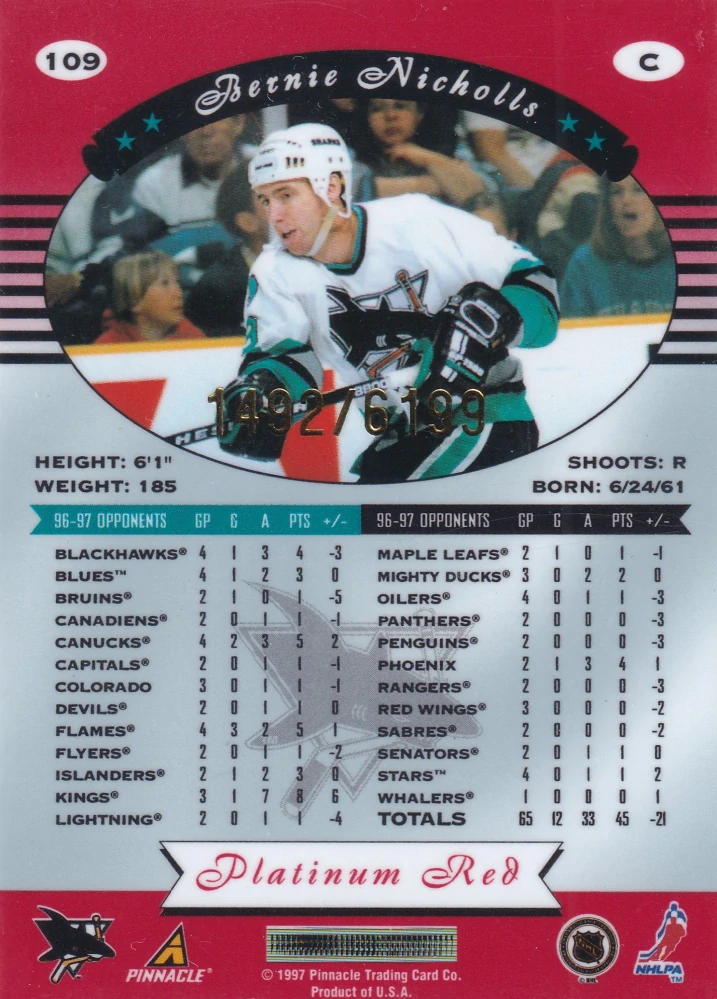 1997-98 Pinnacle Totally Certified - Bernie Nicholls - Platinum Red /6199 #109