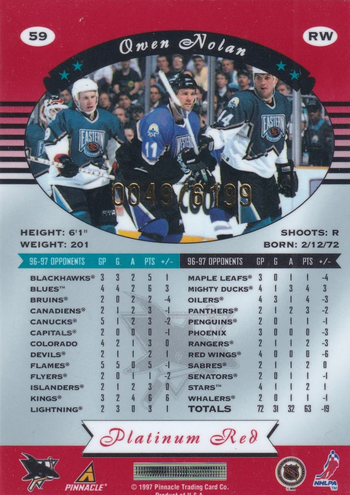 1997-98 Pinnacle Totally Certified - Owen Nolan - Platinum Red /6199 #59