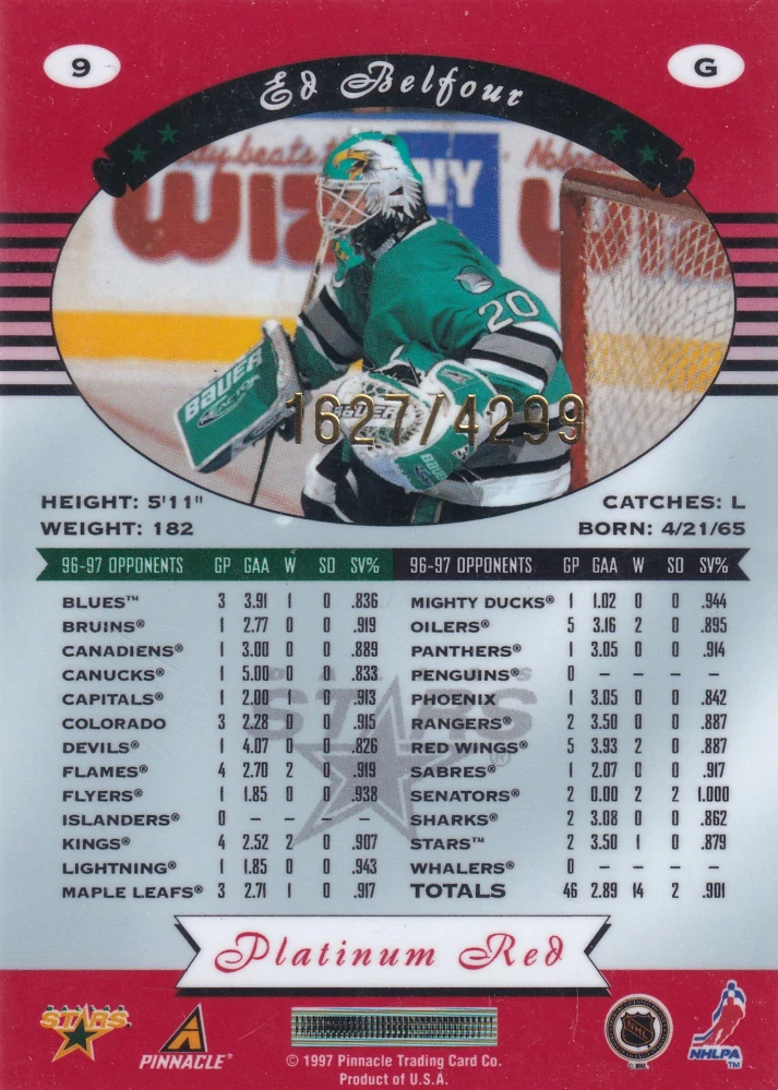 1997-98 Pinnacle Totally Certified - Ed Belfour - Platinum Red /4299 #9