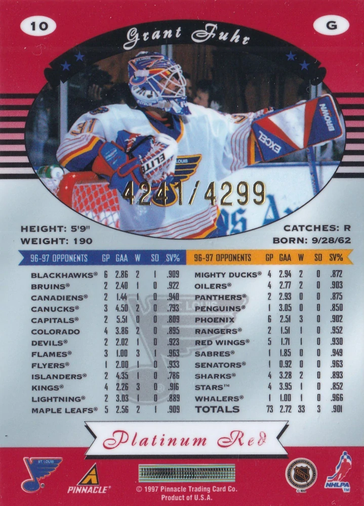 1997-98 Pinnacle Totally Certified - Grant Fuhr - Platinum Red /4299 #10