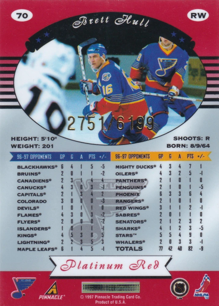 1997-98 Pinnacle Totally Certified - Brett Hull - Platinum Red /6199 #70