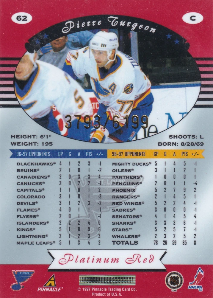 1997-98 Pinnacle Totally Certified - Pierre Turgeon - Platinum Red /6199 #62