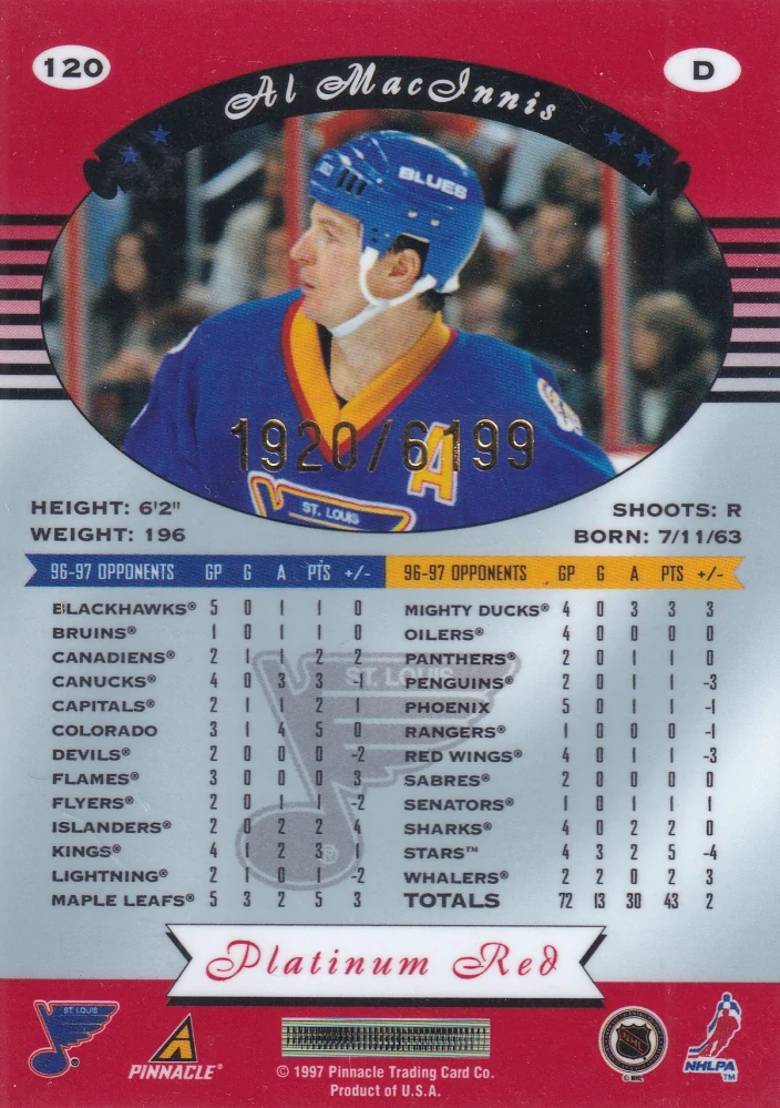 1997-98 Pinnacle Totally Certified - Al MacInnis - Platinum Red /6199 #120