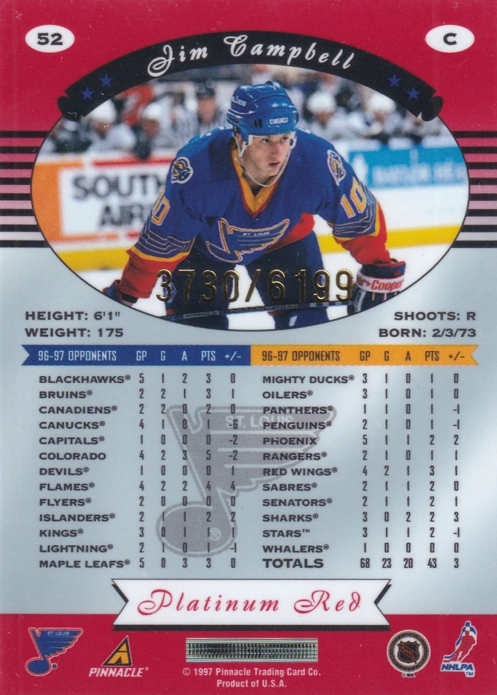 1997-98 Pinnacle Totally Certified - Jim Campbell - Platinum Red /6199 #52