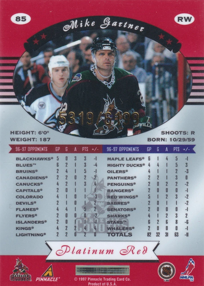 1997-98 Pinnacle Totally Certified - Mike Gartner - Platinum Red /6199 #85