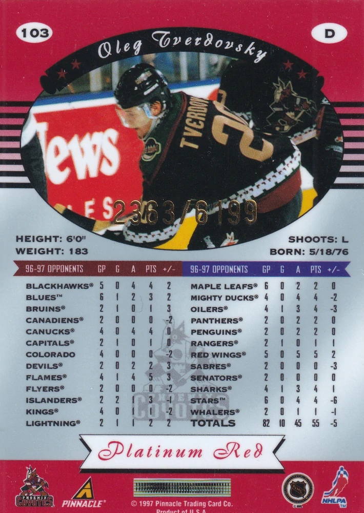 1997-98 Pinnacle Totally Certified - Oleg Tverdovsky - Platinum Red /6199 #103