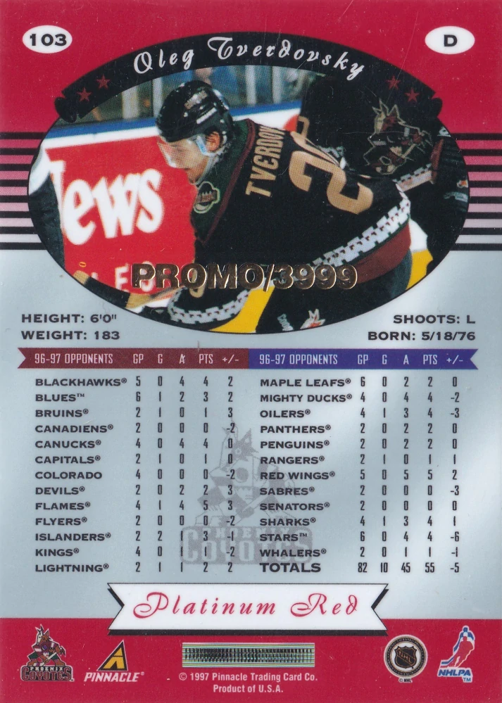1997-98 Pinnacle Totally Certified - Oleg Tverdovsky - Platinum Red PROMO /3999 #103