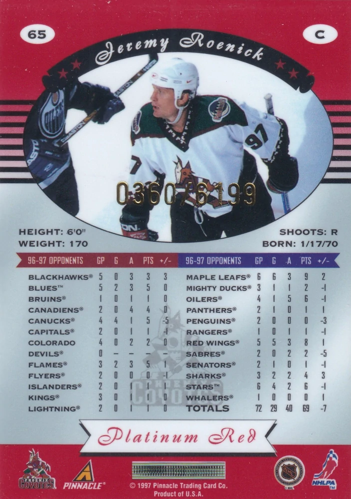 1997-98 Pinnacle Totally Certified - Jeremy Roenick - Platinum Red /6199 #65
