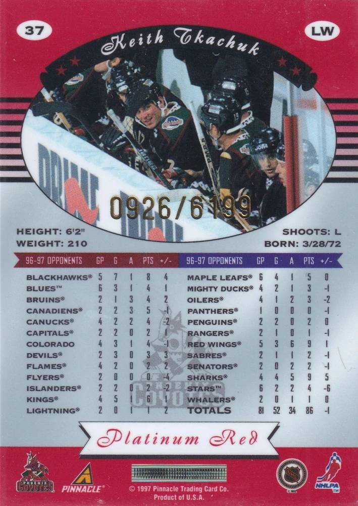 1997-98 Pinnacle Totally Certified - Keith Tkachuk - Platinum Red /6199 #37